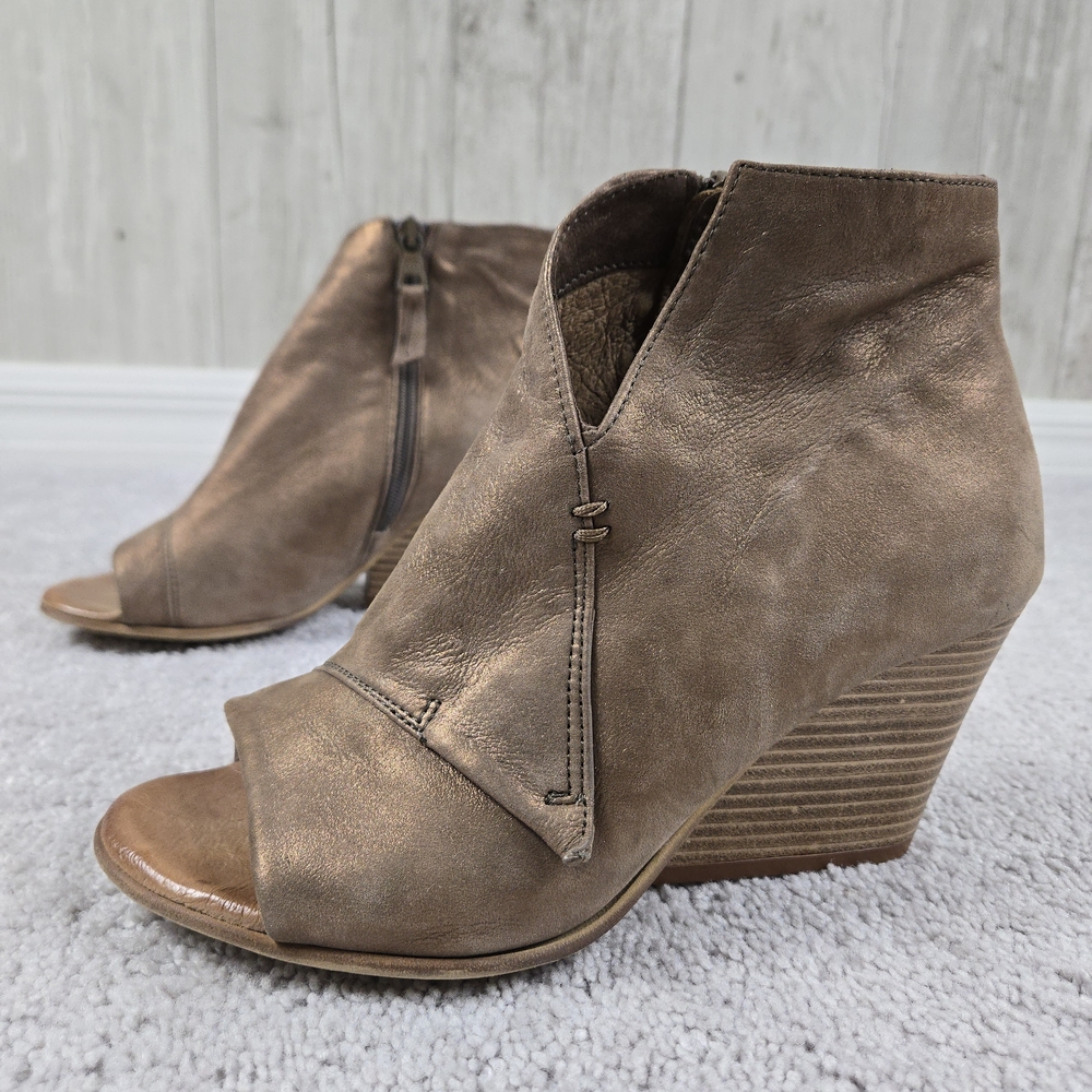 Miz Mooz Taupe Metallic Leather Peep-Toe Wedge Booties